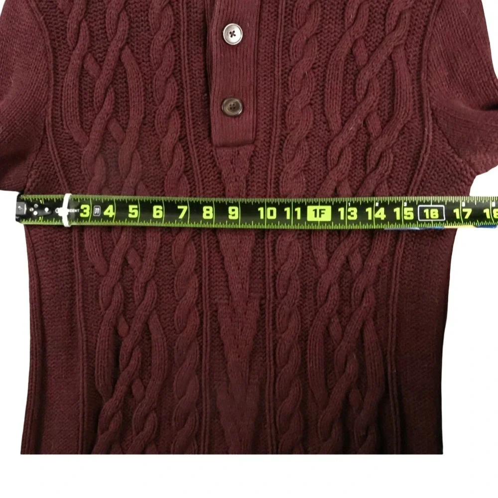 Banana Republic Men's Burgundy Cable Knit Mock Neck Henley Sweater S 100% Cotton